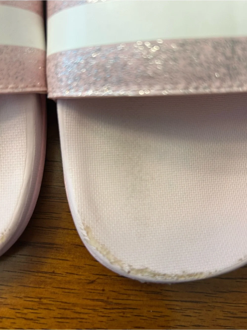 Girls adidas Pink Glitter Slide Sandals with White Stripes
